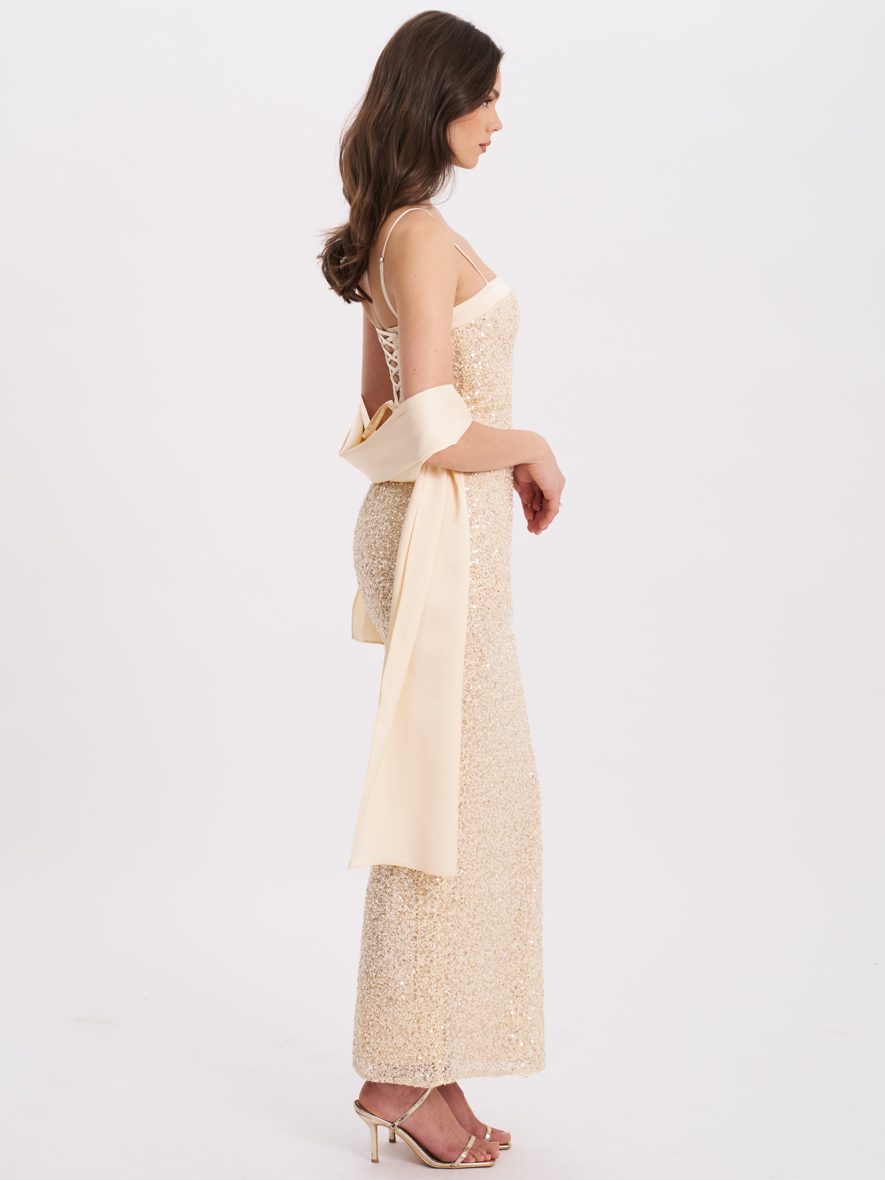 Raizel Gold Beaded Sequin Bodycon Gown With Scarf