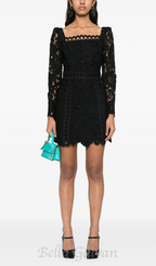 Flowering Girl Women floral-motif hollow lace mini dress in black