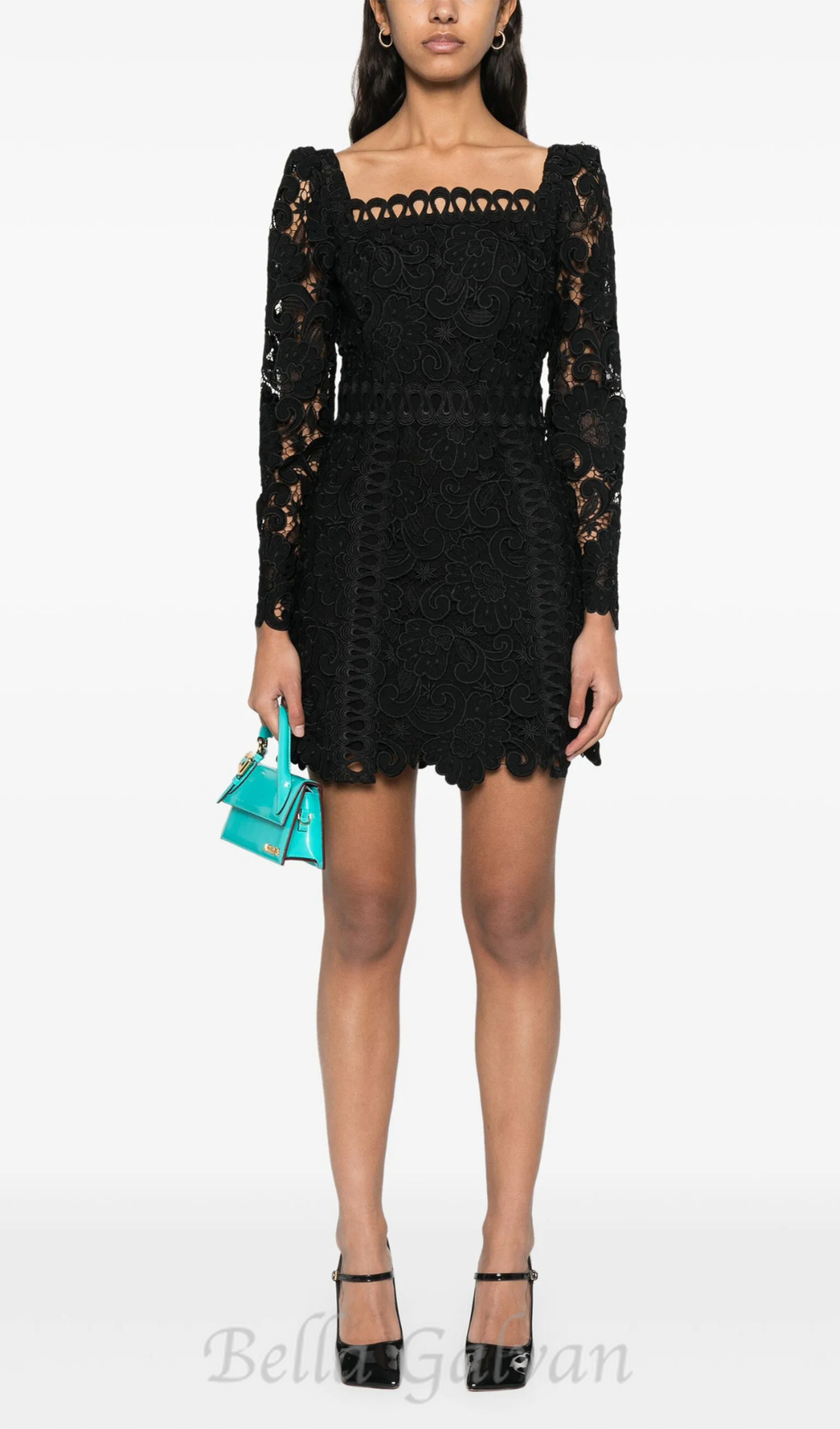 floral-motif hollow lace mini dress in black
