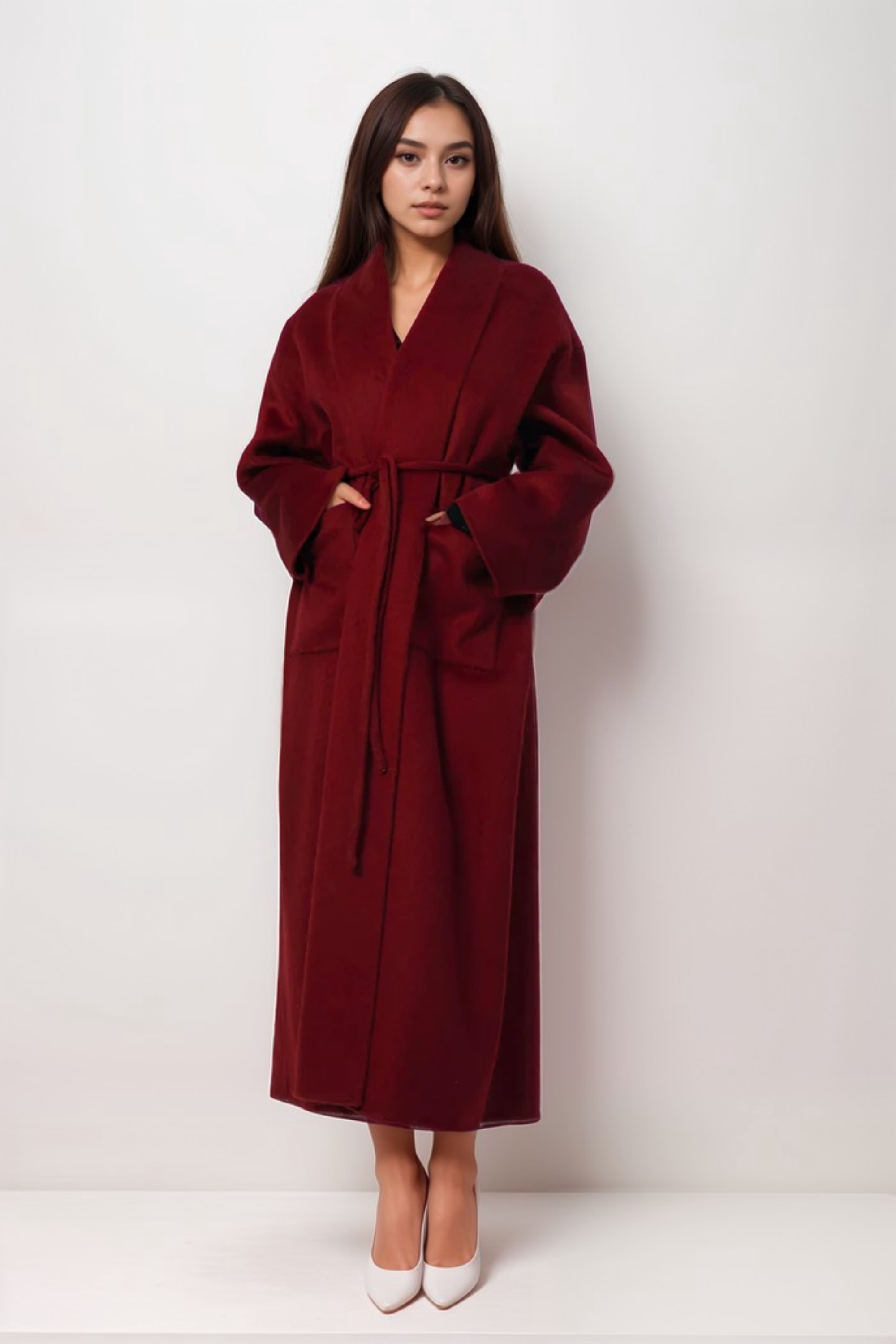 Flowering Girl Women Luxurious Deep Red Belted Wool Coat With Oversized Fit