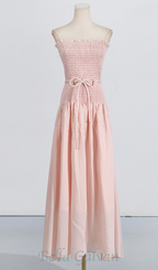 Flowering Girl Women pleated belt chiffon strapless maxi dress in pale pink
