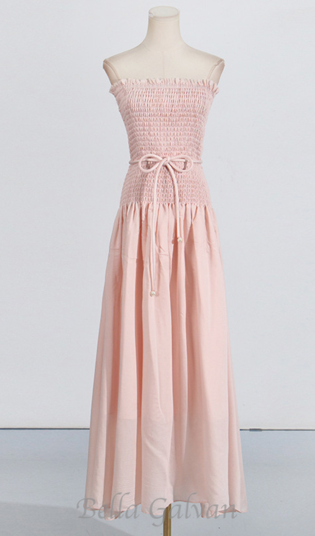Flowering Girl Women pleated belt chiffon strapless maxi dress in pale pink