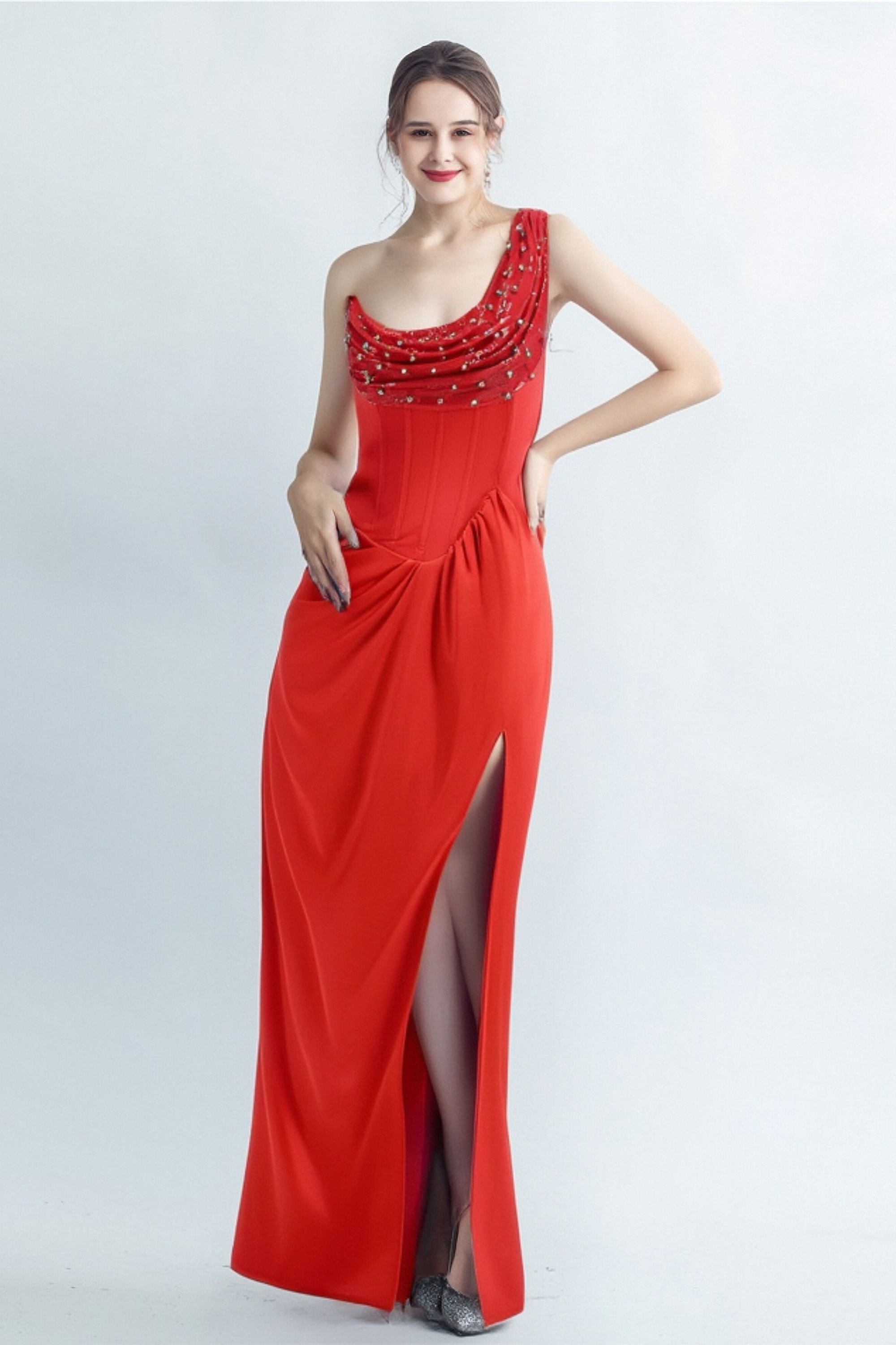 Flowering Girl Women Elma One-Shoulder Crystal Detail High Slit Maxi Dress In Red