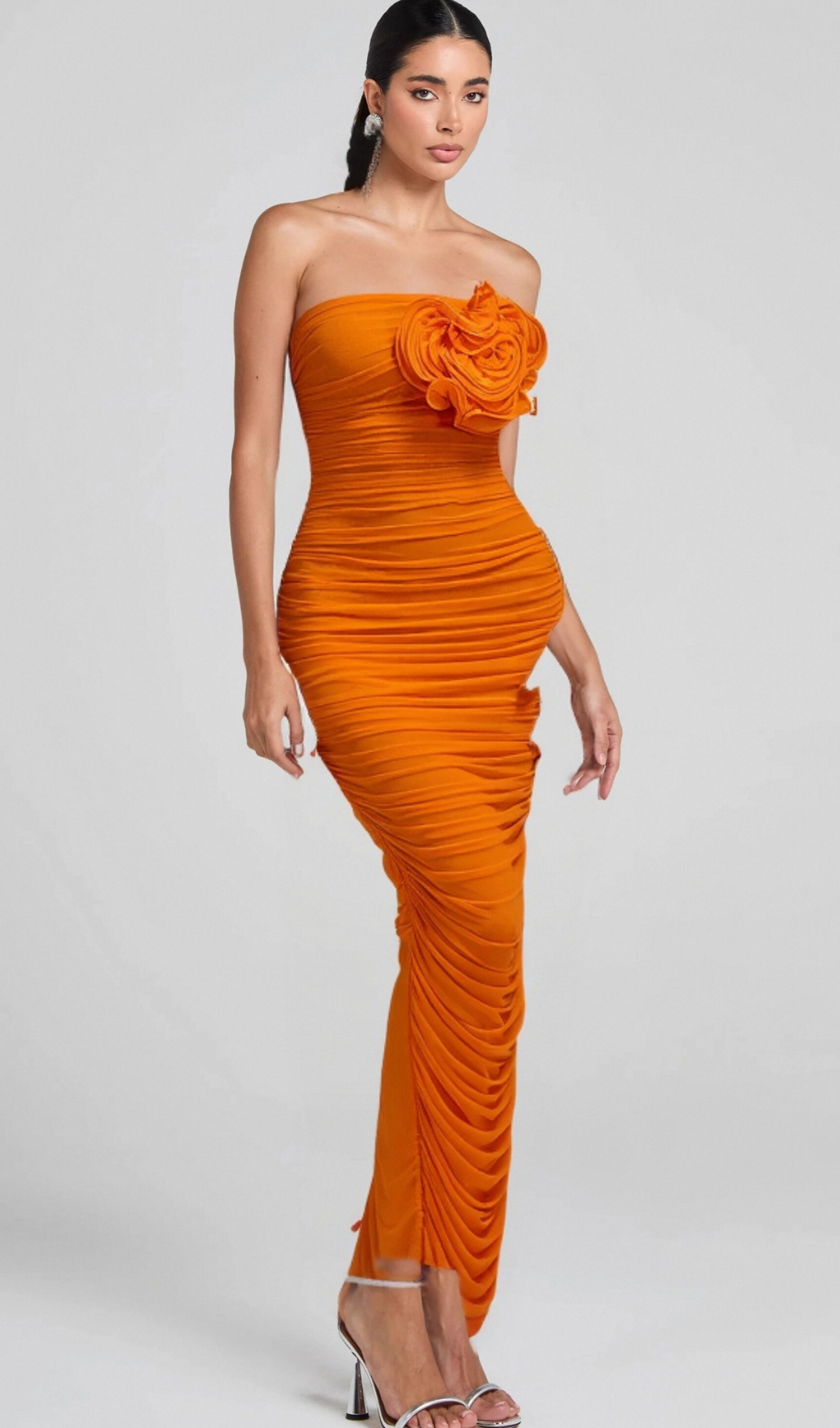 Flowering Girl Women ORANGE OPEN BACK RUCHED FLOWER BODYCON MAXI DRESS