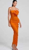 Flowering Girl Women ORANGE OPEN BACK RUCHED FLOWER BODYCON MAXI DRESS