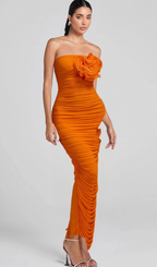 Flowering Girl Women ORANGE OPEN BACK RUCHED FLOWER BODYCON MAXI DRESS