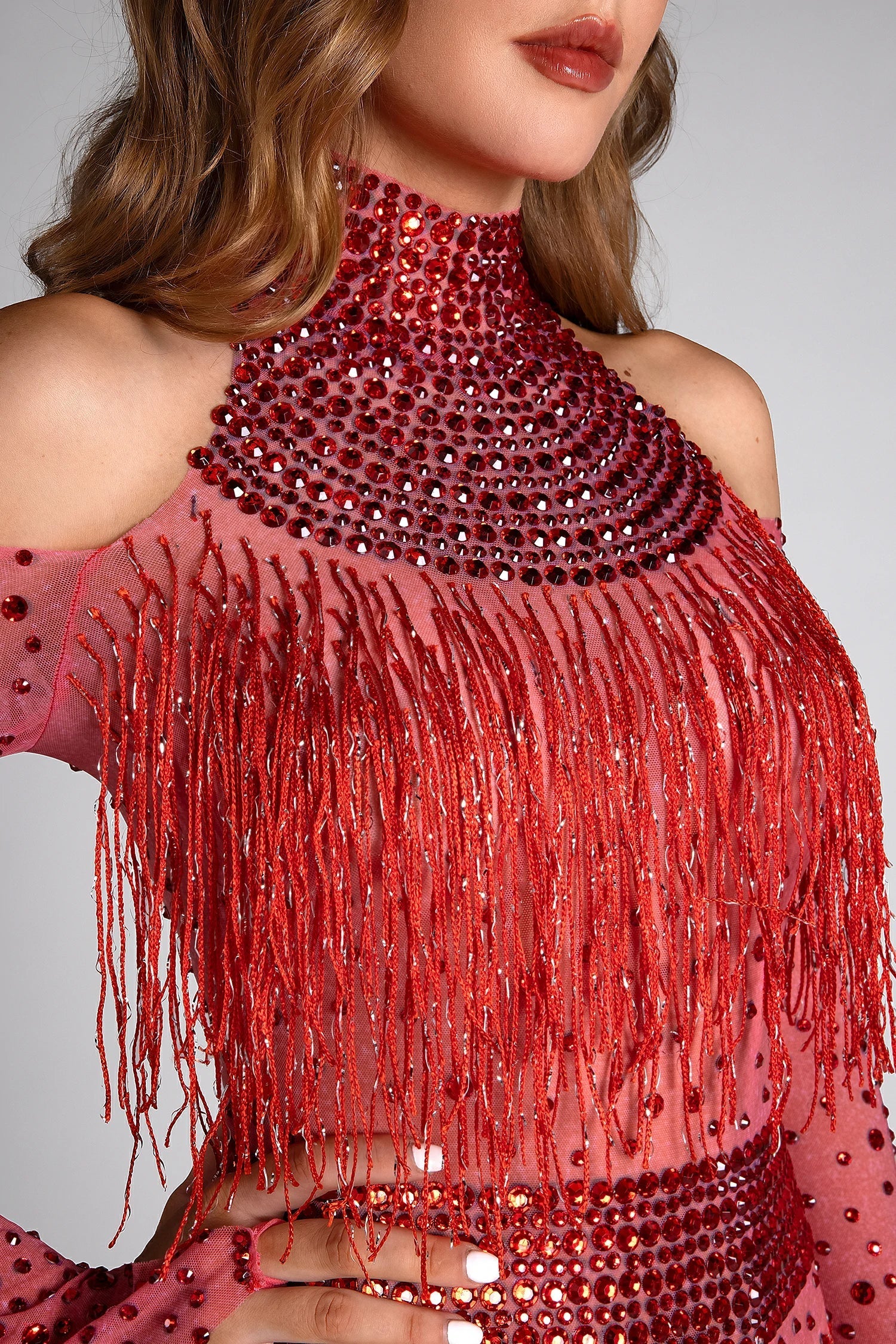Flowering Girl Women Lillelis Halter Rhinestone Fringe Mesh Bodysuit