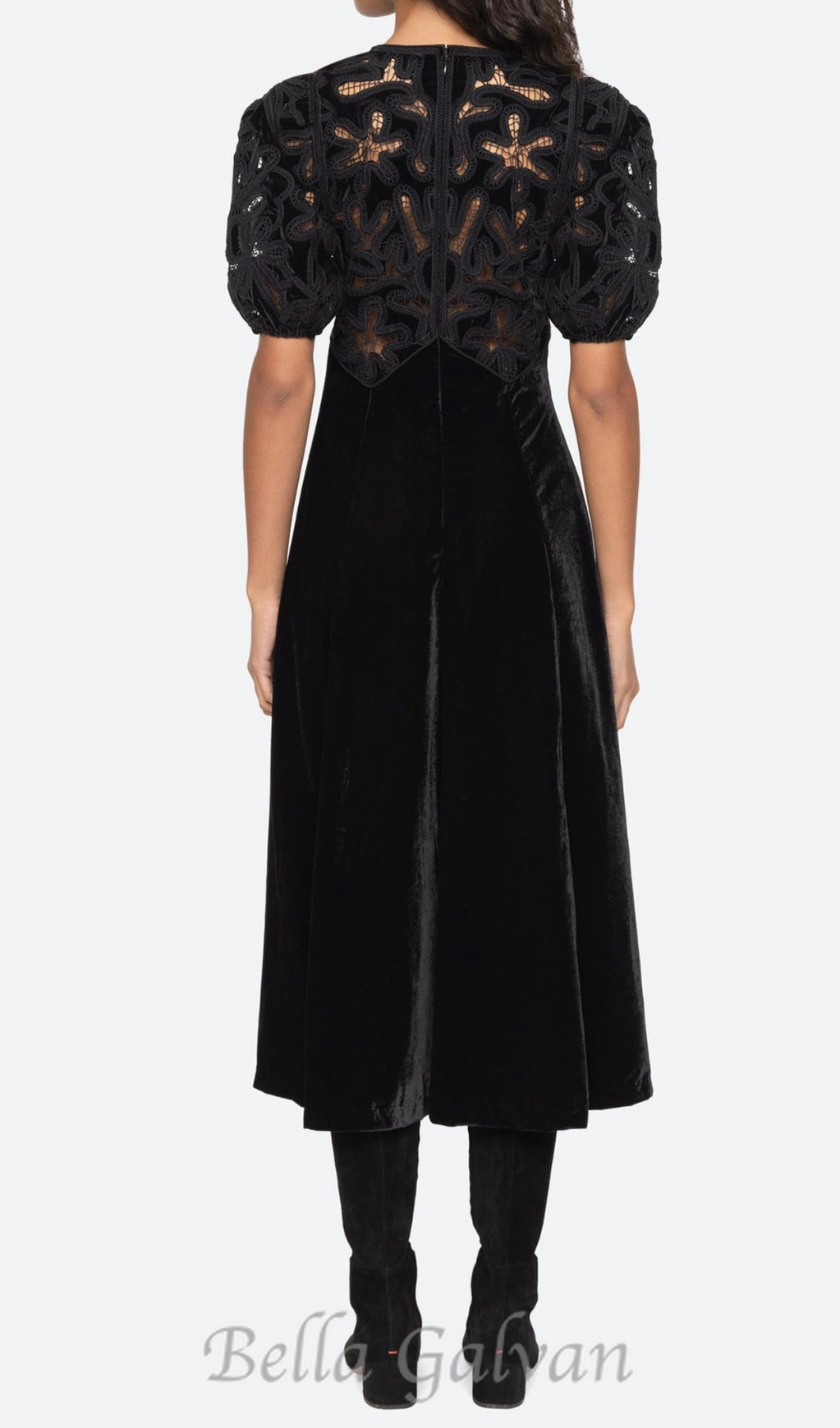 Flowering Girl Women Velvet Puff Sleeve Embroidered Midi Dress in black
