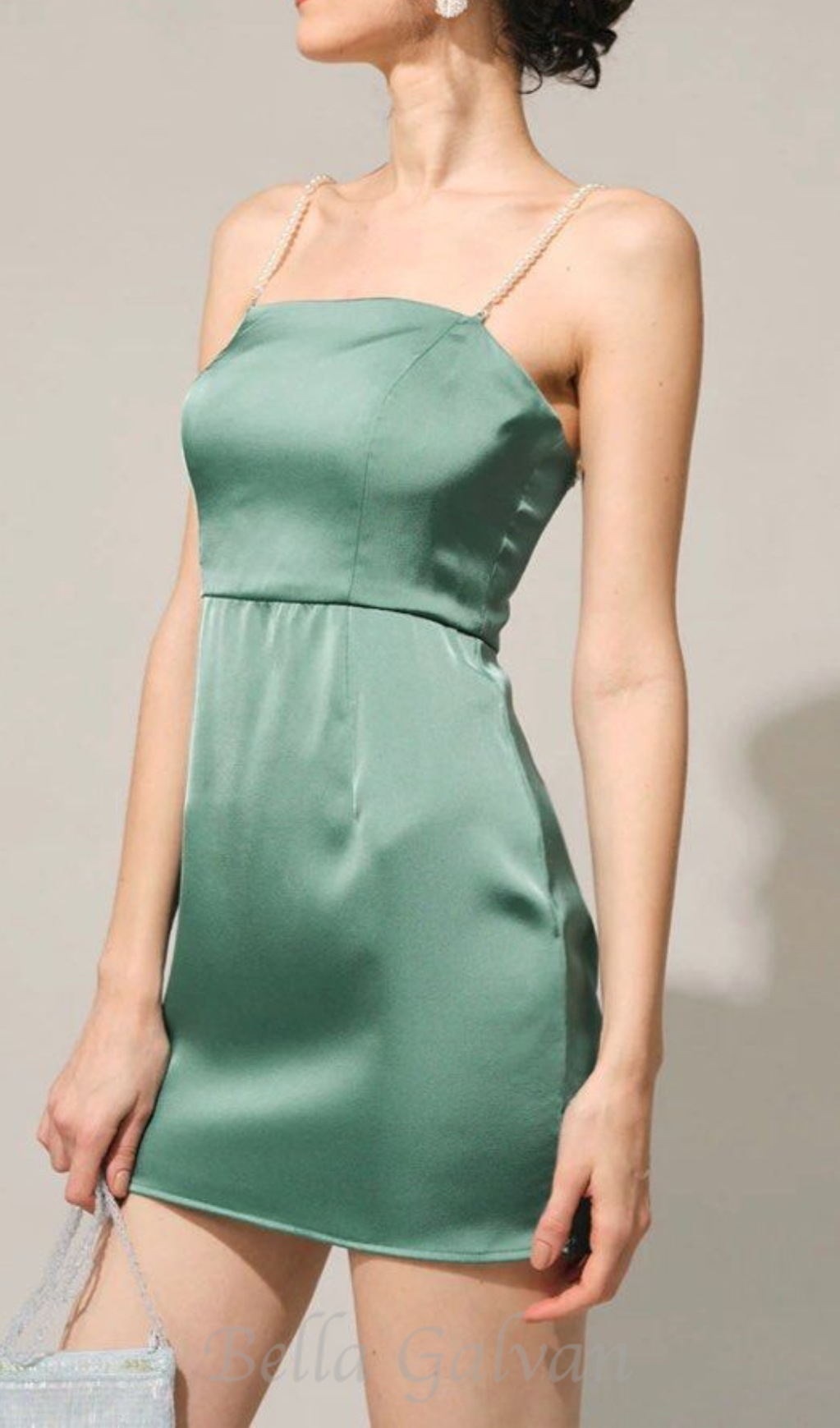 Flowering Girl Women Pearl Strap Satin Mini Dress in green