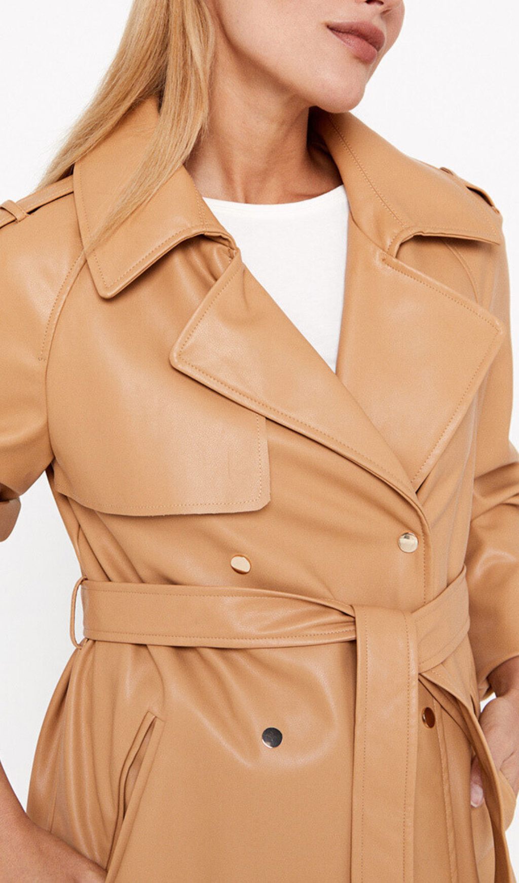 Flowering Girl Women Faux Leather Double-Breasted Coat In Brown Yellow