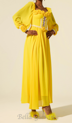 Flowering Girl Women Chiffon 3D Flower Long Sleeve Midi Dress in yellow