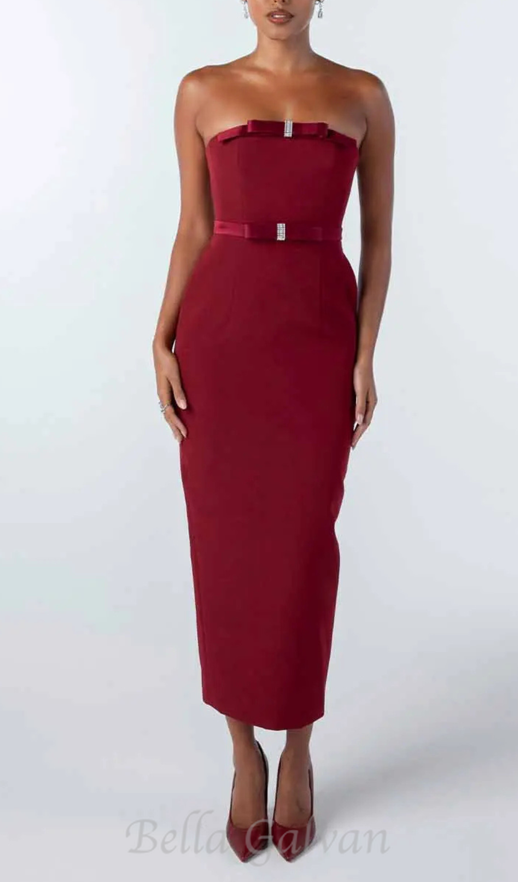 Flowering Girl Women demi bow strapless midi dress in merlot