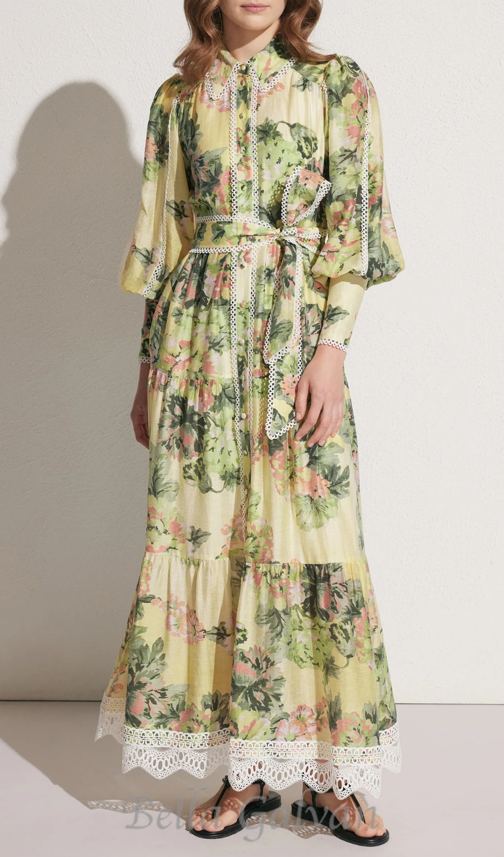 Flowering Girl Women multicolor Floral Print Lace Trim Maxi Dress
