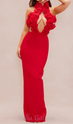 Flowering Girl Women halter 3d flower hollow out backless maxi dress in red