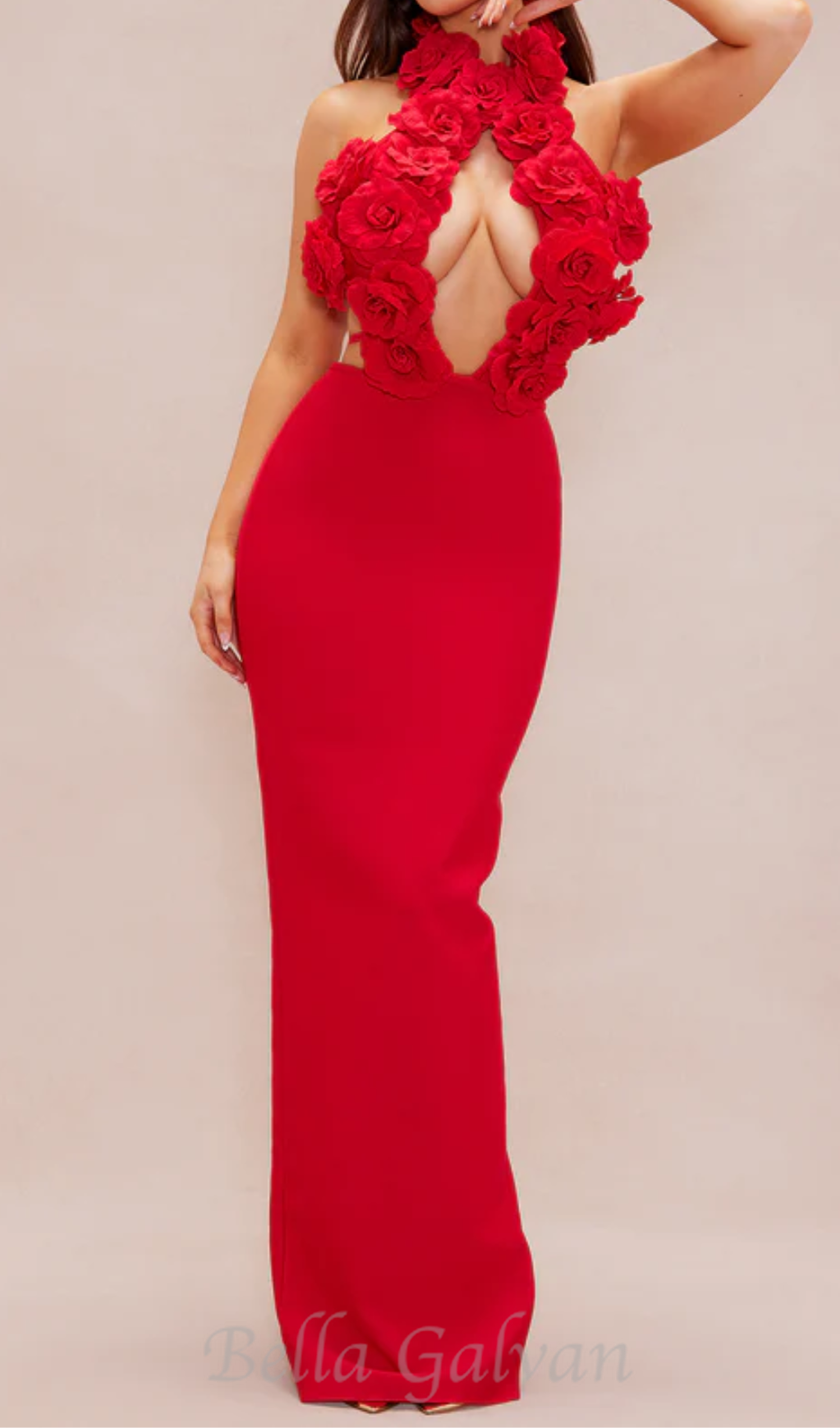halter 3d flower hollow out backless maxi dress in red