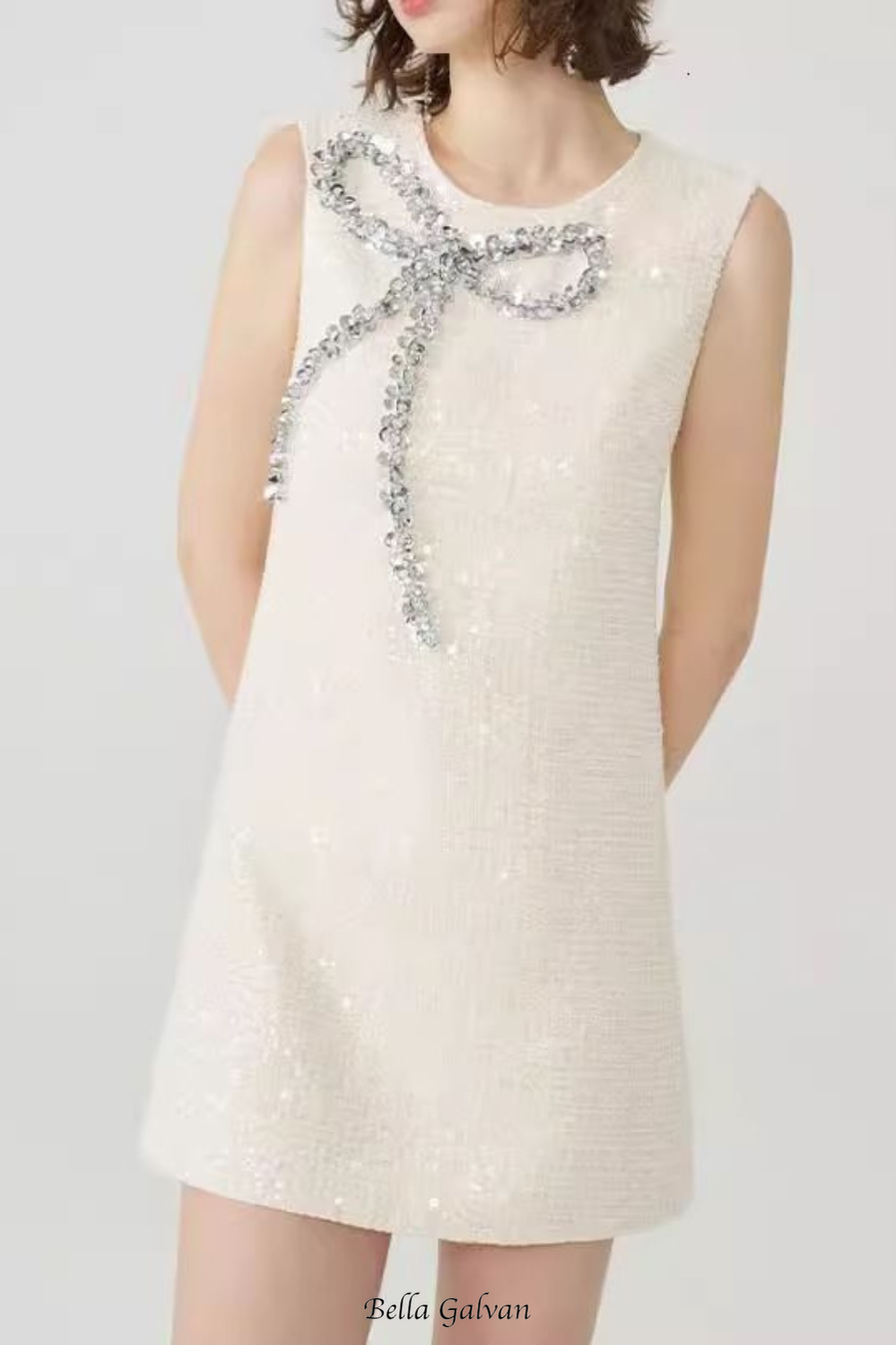 Flowering Girl Women Bow Sequin Tweed Sleeveless mini dress in white