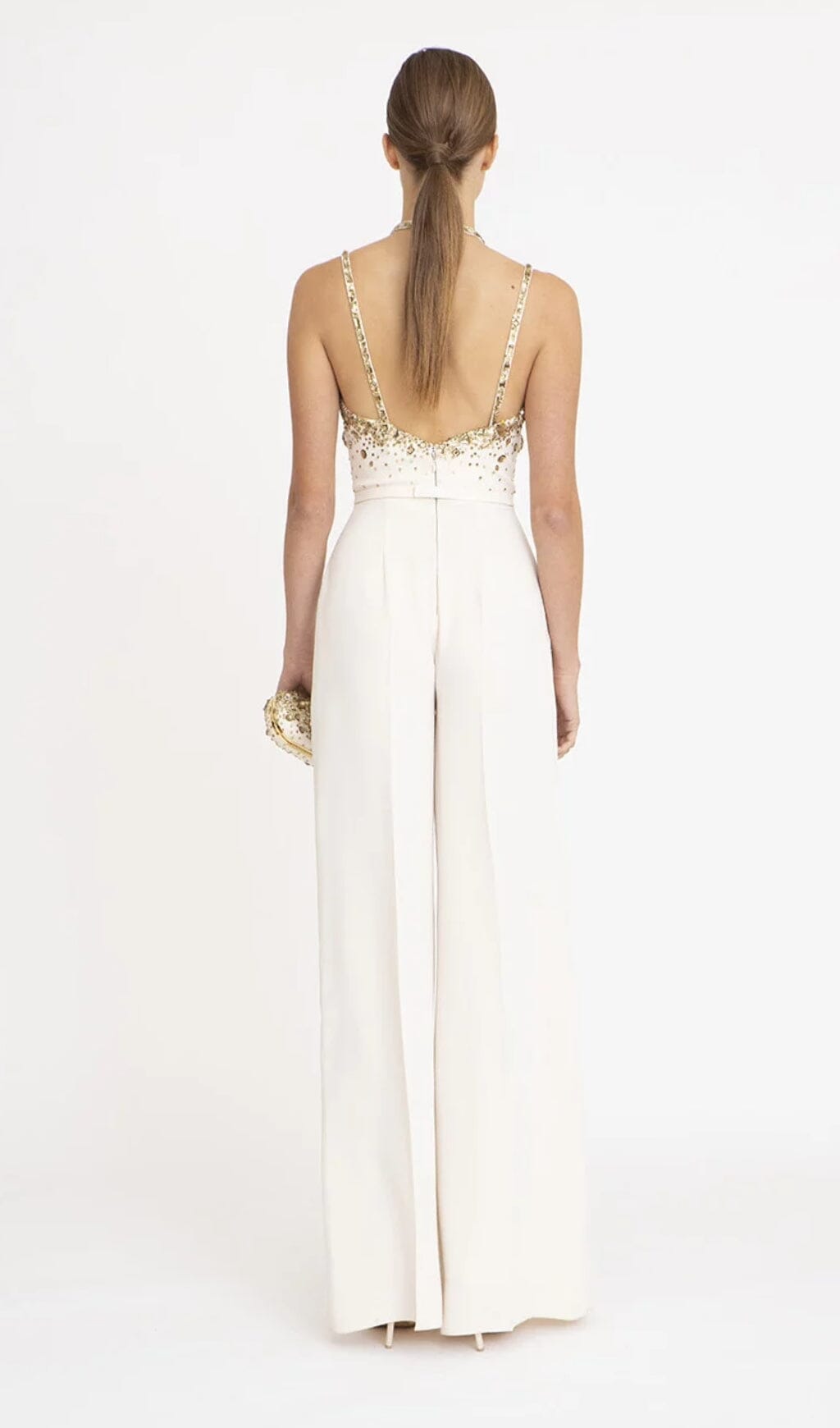 Flowering Girl Women V-Neck Sequin Halter Jumpsuit In White