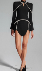 Flowering Girl Women diamond chain embellished trumpet sleeve mini dress in black