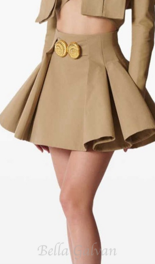 Flowering Girl Women Asina Gold Buttoned Mini Skirt in Khaki