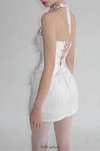 Flowering Girl Women pearl fishbone wrap top skirt set in white