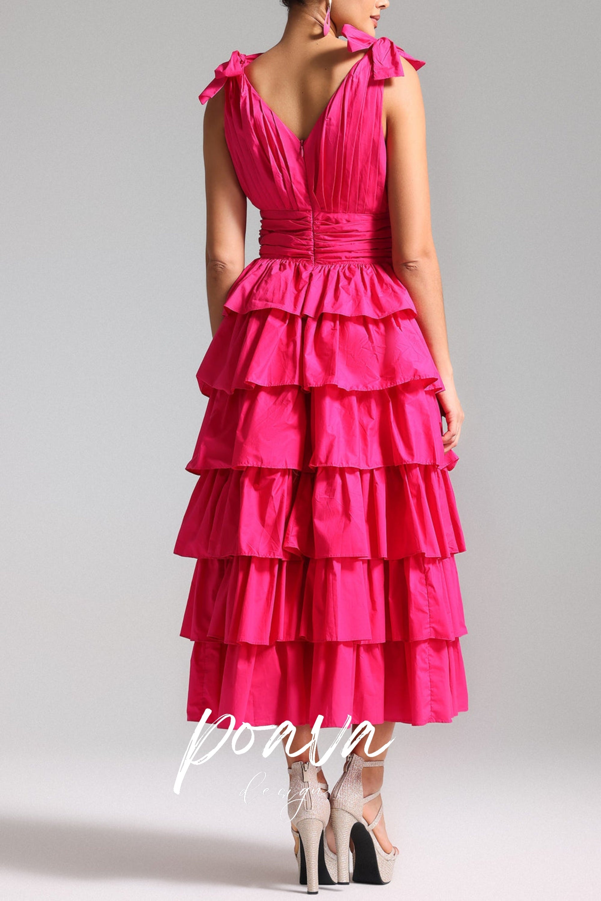 Flowering Girl Women Plunge V Ruffle Tiered Slit Gown In Pink