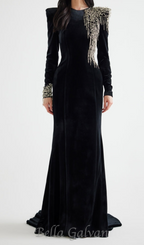 Flowering Girl Women embroidered velvet maxi dress in black