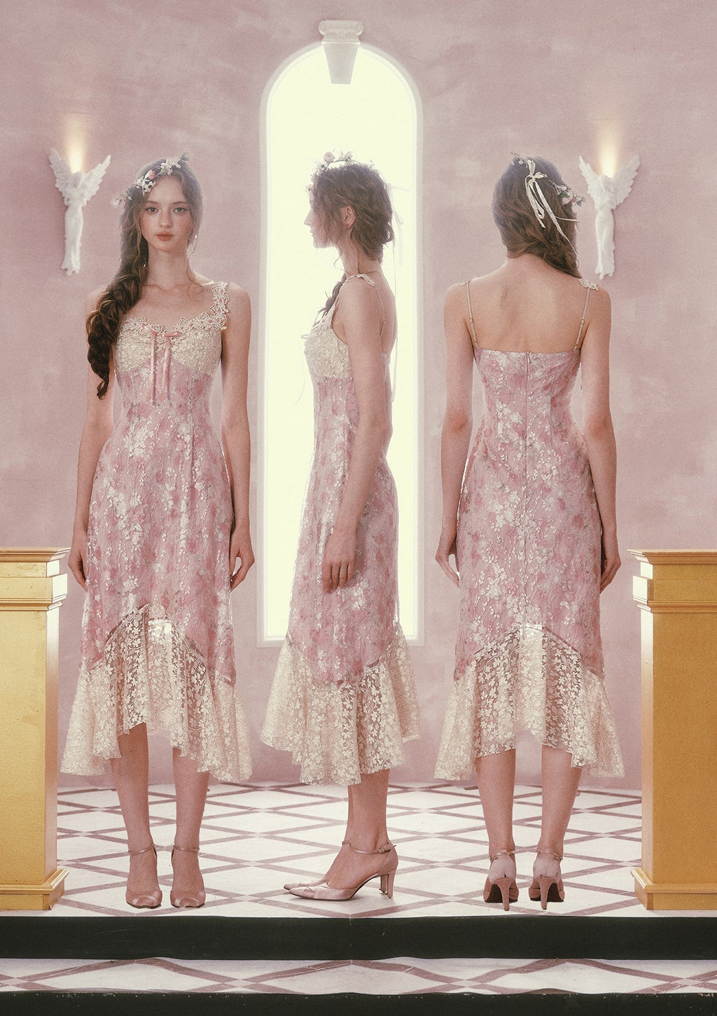 Flowering Girl Women mandy Floral lace embroidery midi dress - pink