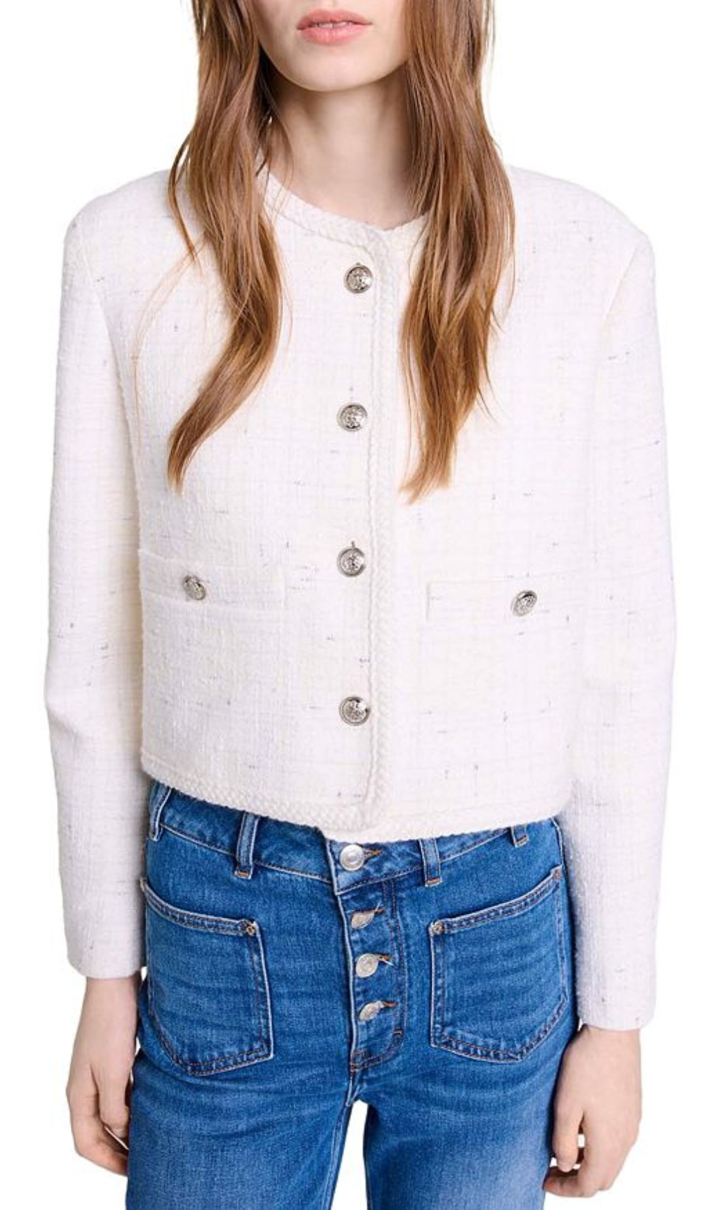 Voyce Braided Tweed Cardigan In Ecru