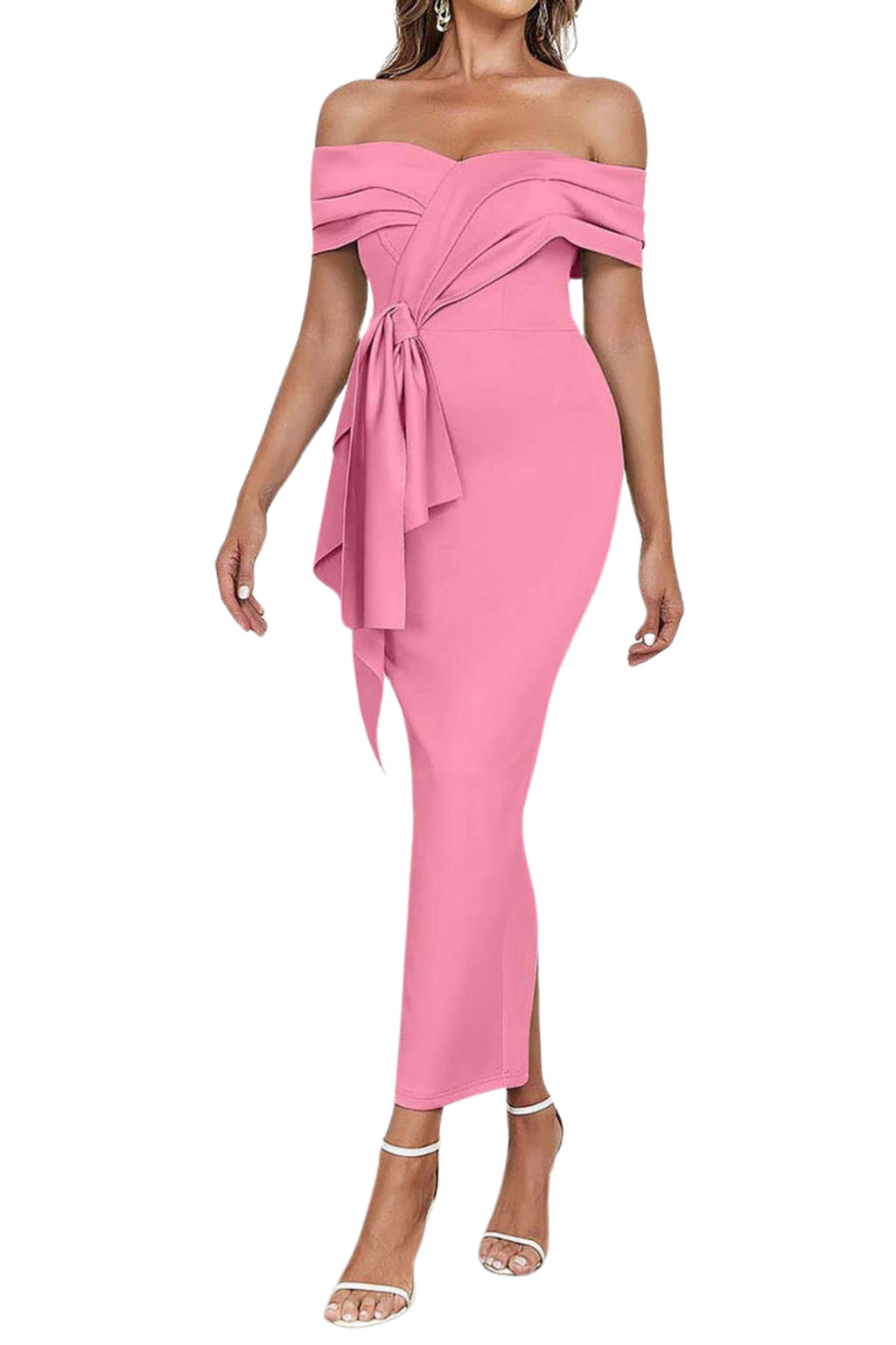 Flowering Girl Women Off Shoulder Side Split Midi Dress In Pink