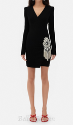 Flowering Girl Women crystal draped embellished black mini dress
