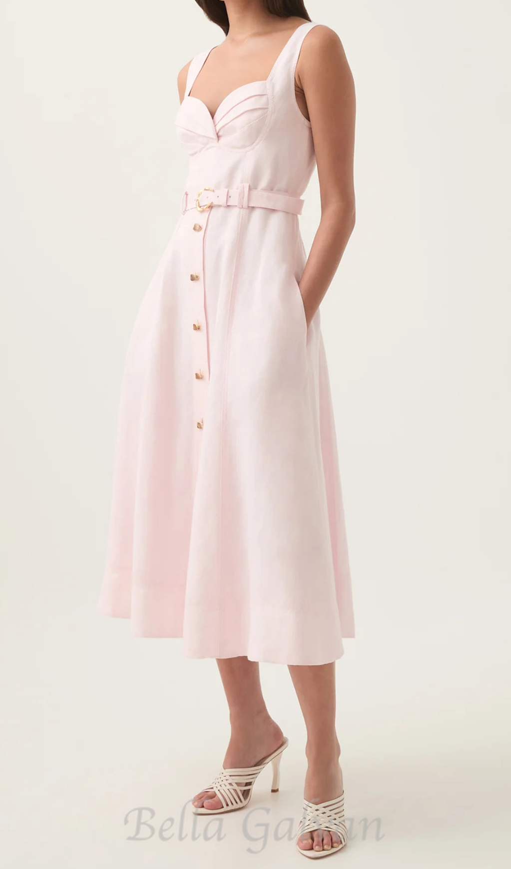 Flowering Girl Women sweetheart neckline belted midi dress in pink