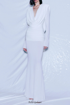Flowering Girl Women long sleeve draped cowl neck maxi dress in white