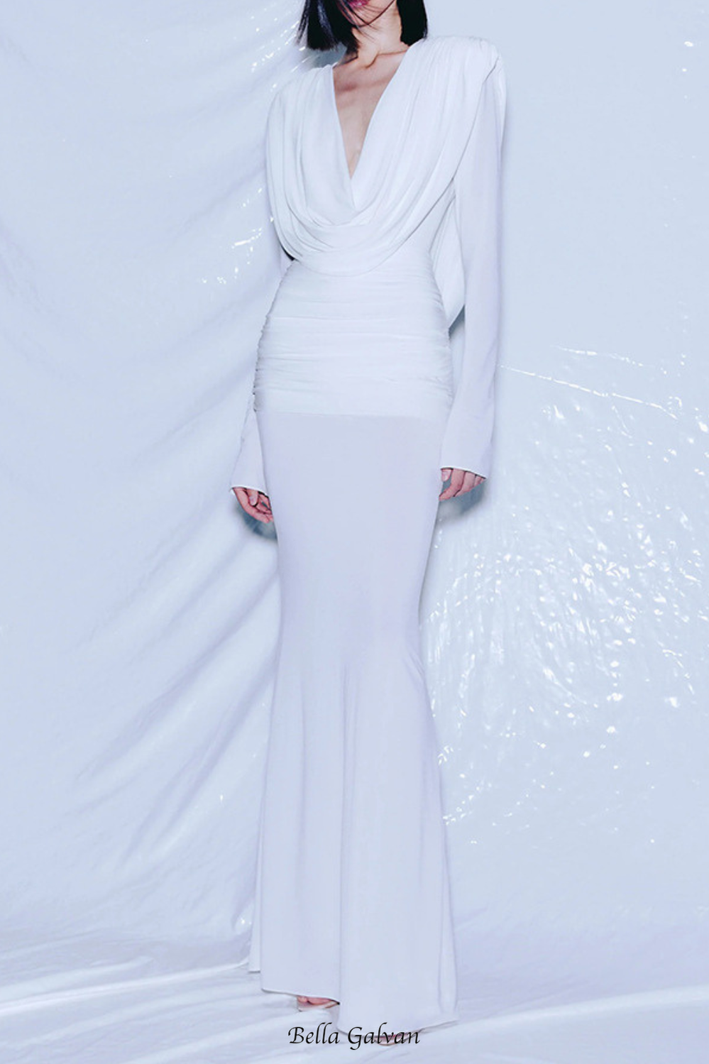 Flowering Girl Women long sleeve draped cowl neck maxi dress in white