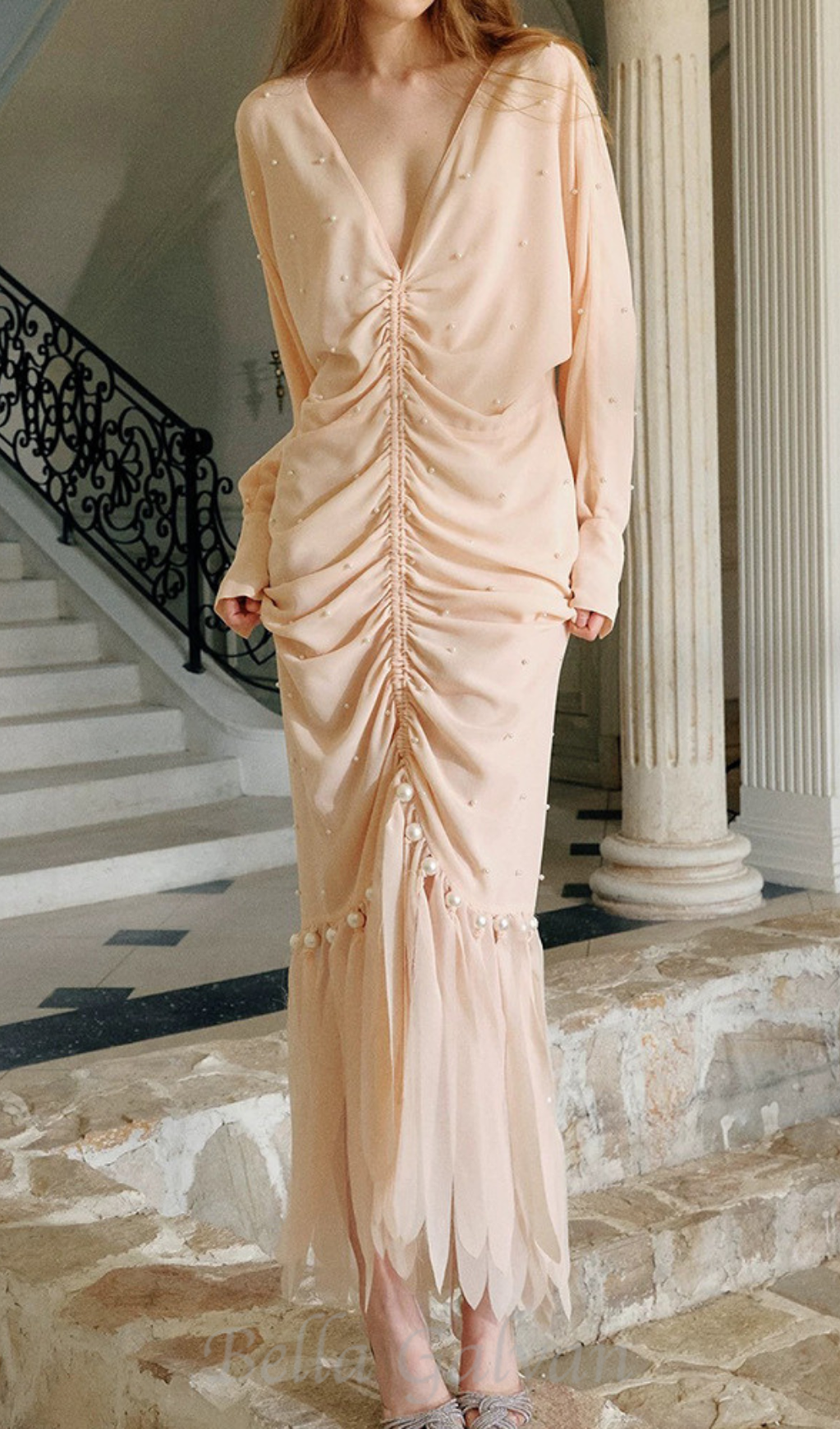 Flowering Girl Women pearl embellished ruched apricot maxi dress