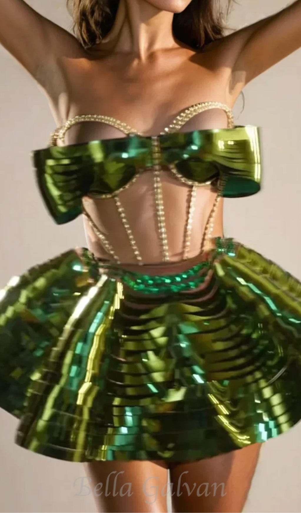Flowering Girl Women Crystal Metallic Skirt Set In Green