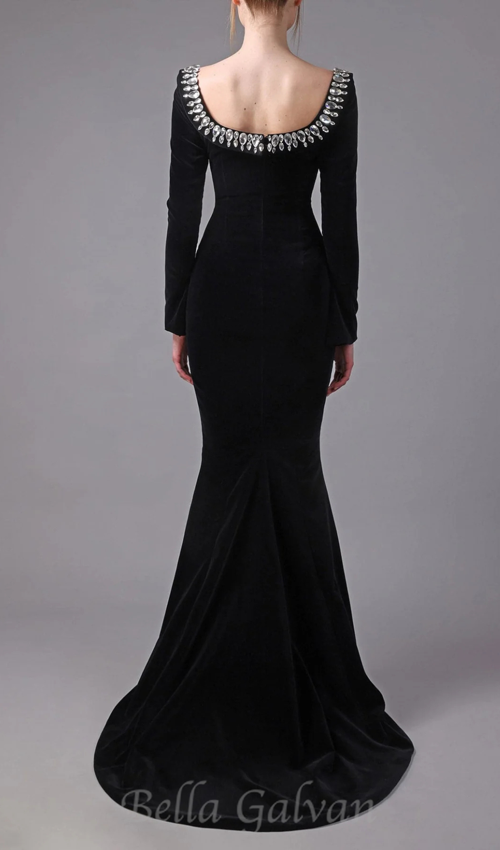 Flowering Girl Women black crepe gown with crystal neckline