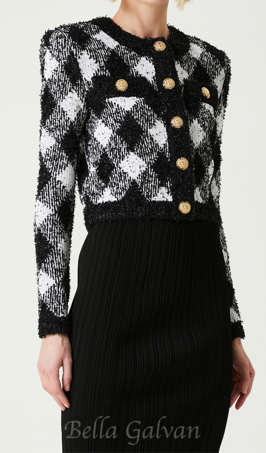 Flowering Girl Women Black White Gingham Tweed Cardigan