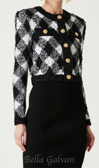 Flowering Girl Women Black White Gingham Tweed Cardigan