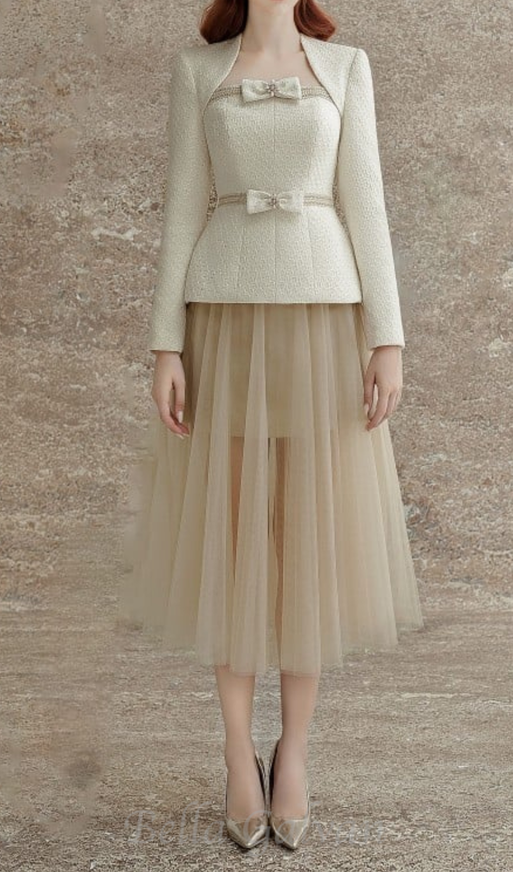 Flowering Girl Women tweed jacket tulle skirt suit in apricot