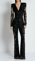 Flowering Girl Women diamond three-dimensional flower jumpsuit in black