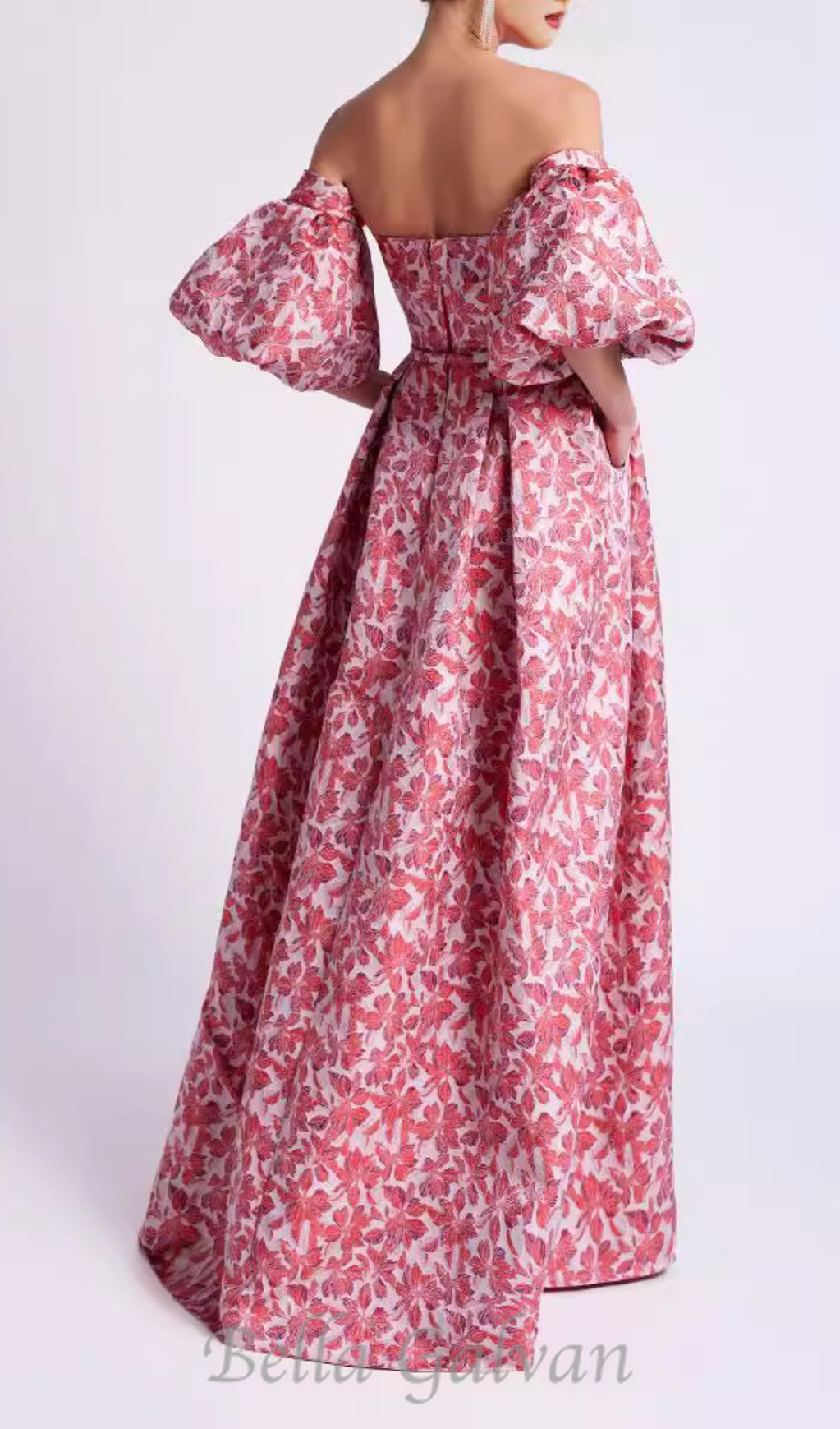 Flowering Girl Women peach Printed Lantern Sleeve Maxi Dress