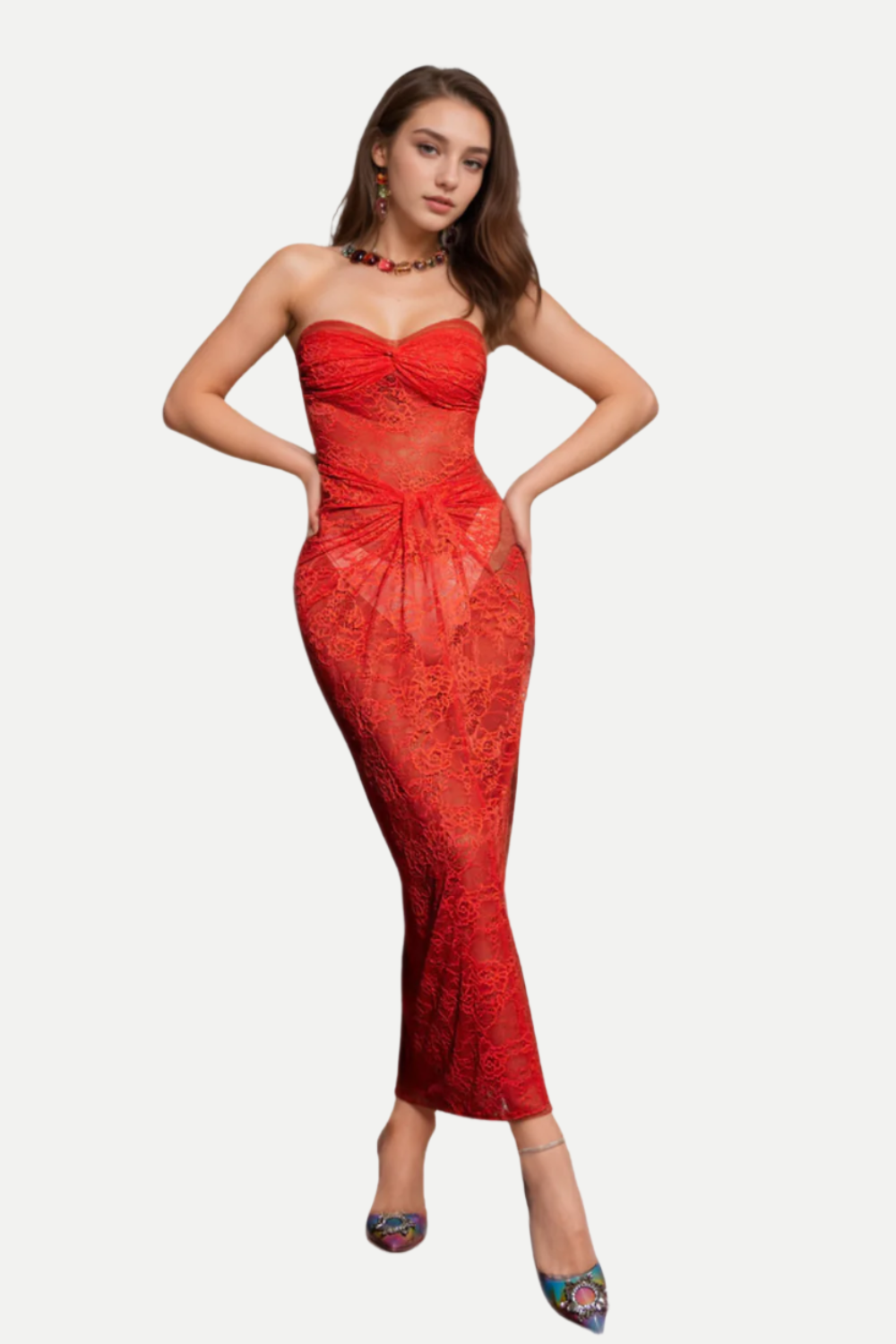 Flowering Girl Women STRAPLESS TWISTED LACE DRESS IN ORANGE
