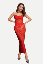 Flowering Girl Women STRAPLESS TWISTED LACE DRESS IN ORANGE