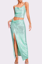 Flowering Girl Women Sequin Two Pieces Suit In Green