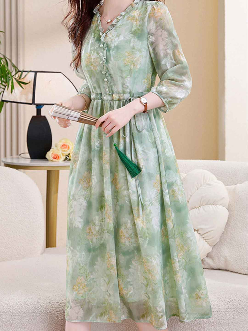 Flowering Girl Women martha Vacation Auricular Collar Jacquard Drawstring Dress