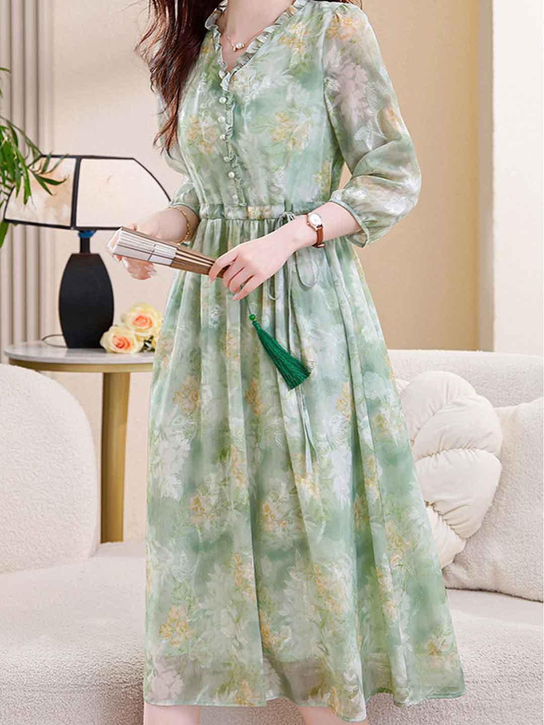 Flowering Girl Women martha Vacation Auricular Collar Jacquard Drawstring Dress
