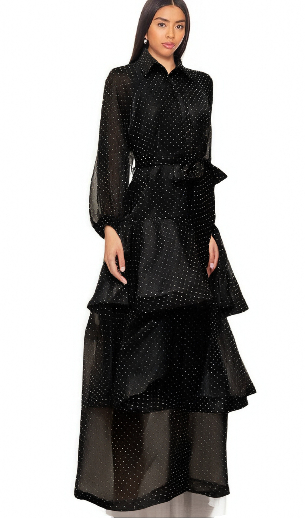 Flowering Girl Women Clémence black polka-dot tiered midi dress