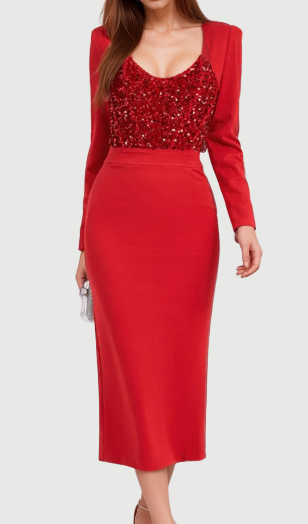 Flowering Girl Women MELISSA LONG SLEEVE PATCHWORK SEQUIN MIDI DRESS IN RED