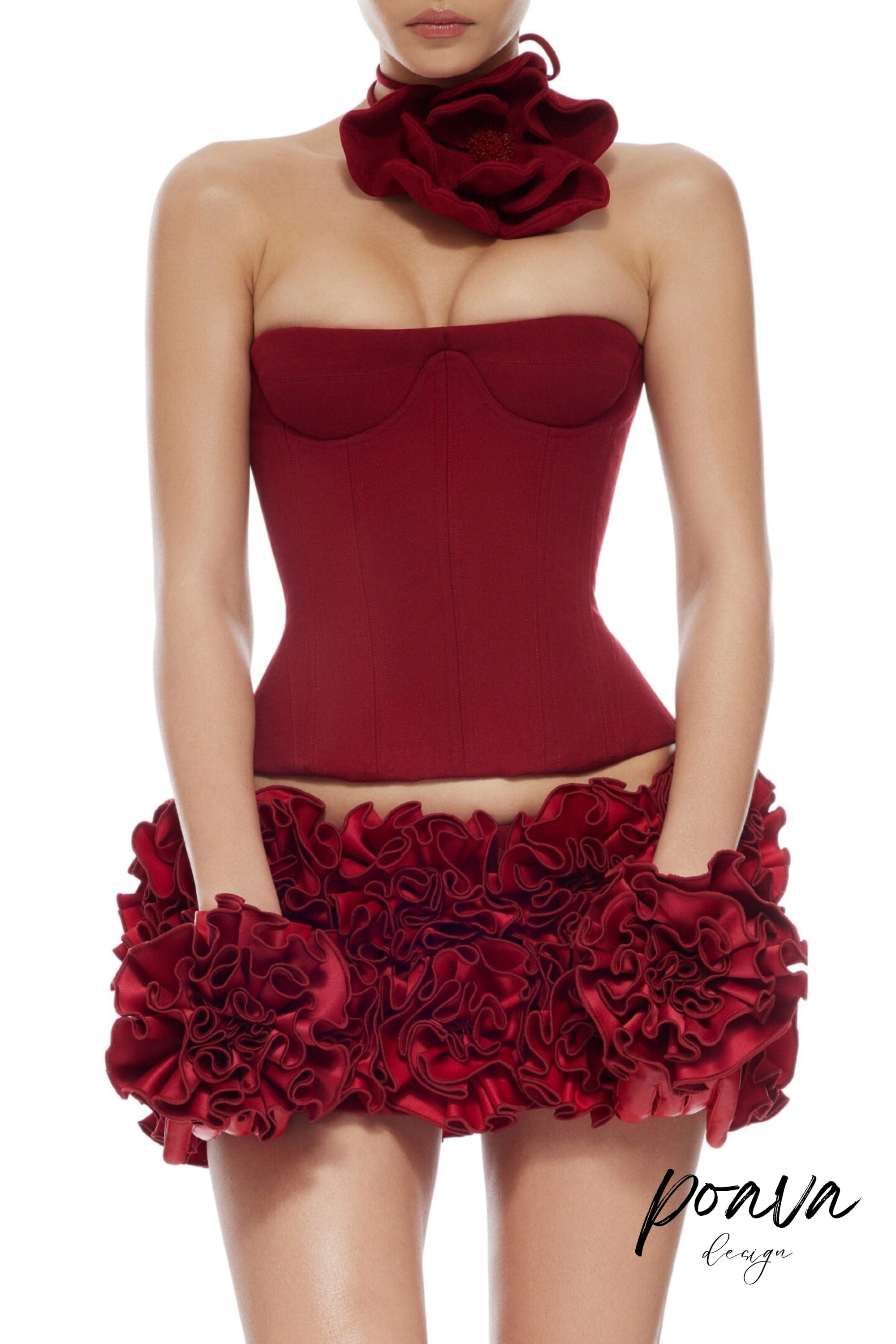 Flowering Girl Women Clegg Red Corset Flower Two-Piece Set