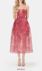 Flowering Girl Women RED FLORAL LACE EMBROIDER MIDI DRESS